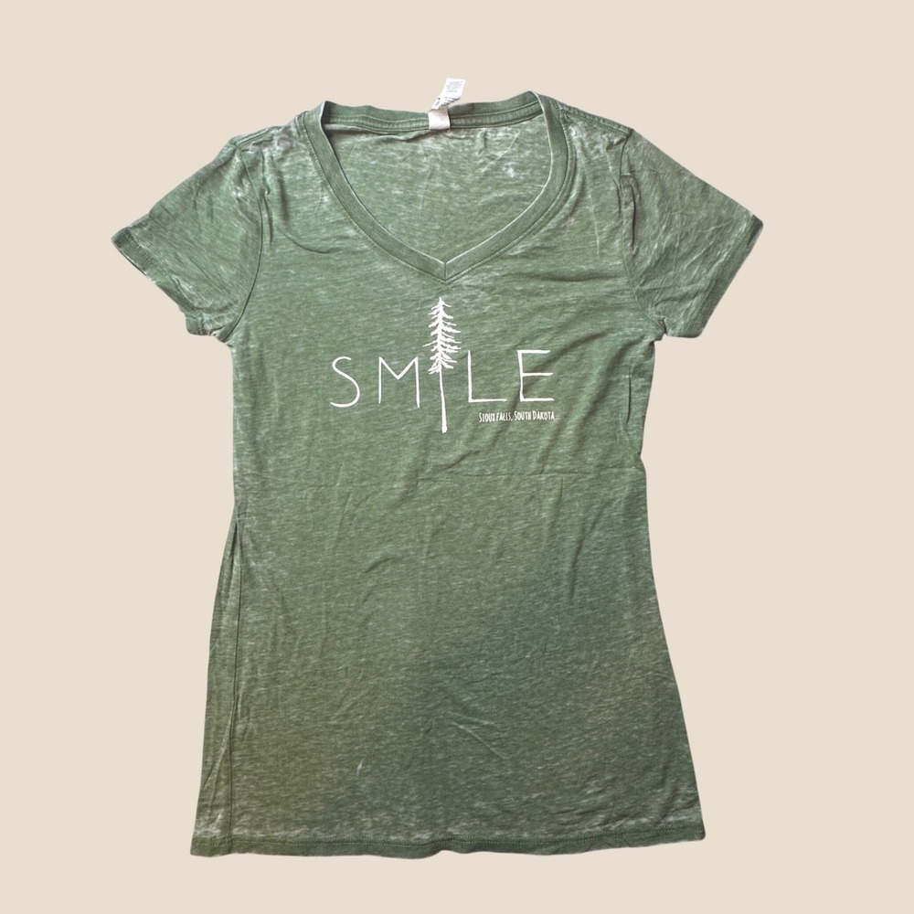 Threadfast T-Shirt Women S Burnout V-Neck Green Smile Sioux Falls Graphic Tee